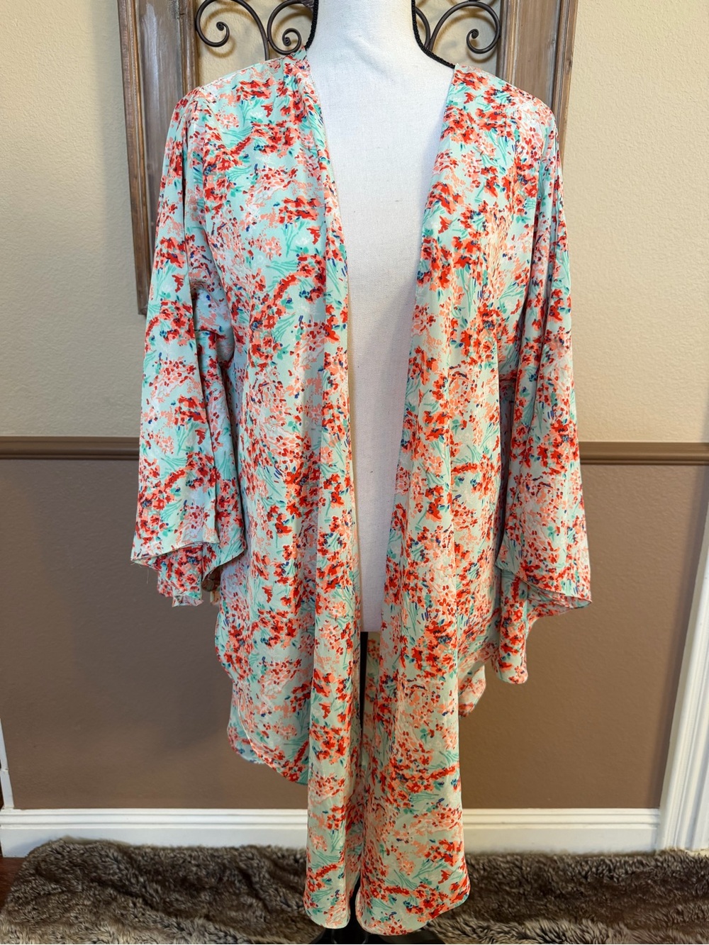 Steve Madden Mint Aqua and Coral Floral Swim Coverup Kimono
